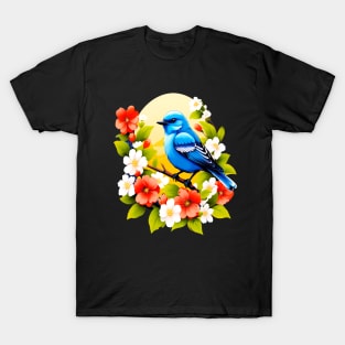 Cute Blue Bird Surrounded by Bold Vibrant Spring Flowers T-Shirt